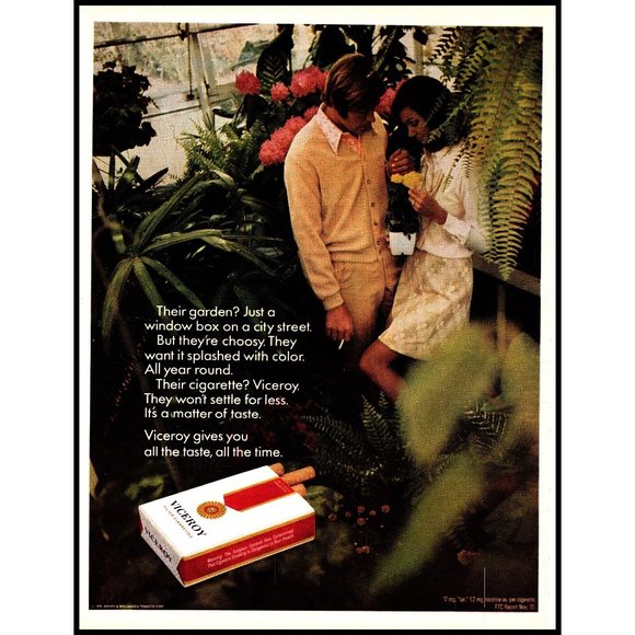 1971 Viceroy Cigarettes Vintage Print Ad Couple Greenhouse Brunette Wall Art 70s - Picture 1 of 1